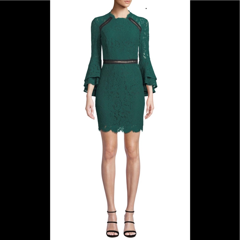 Bardot High-Neck Ruffle-Sleeve Lace Body-Con Dress